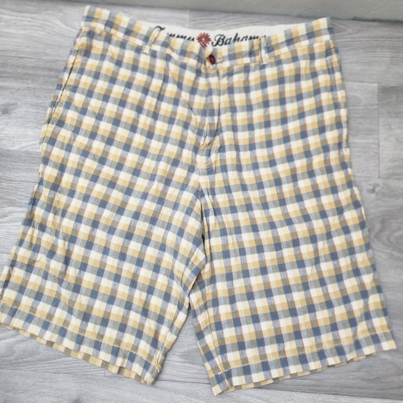 Tommy Bahama Yellow Blue Shorts Size 34 Plaid Linen Silk Gingham Paradise Nation - Picture 1 of 8